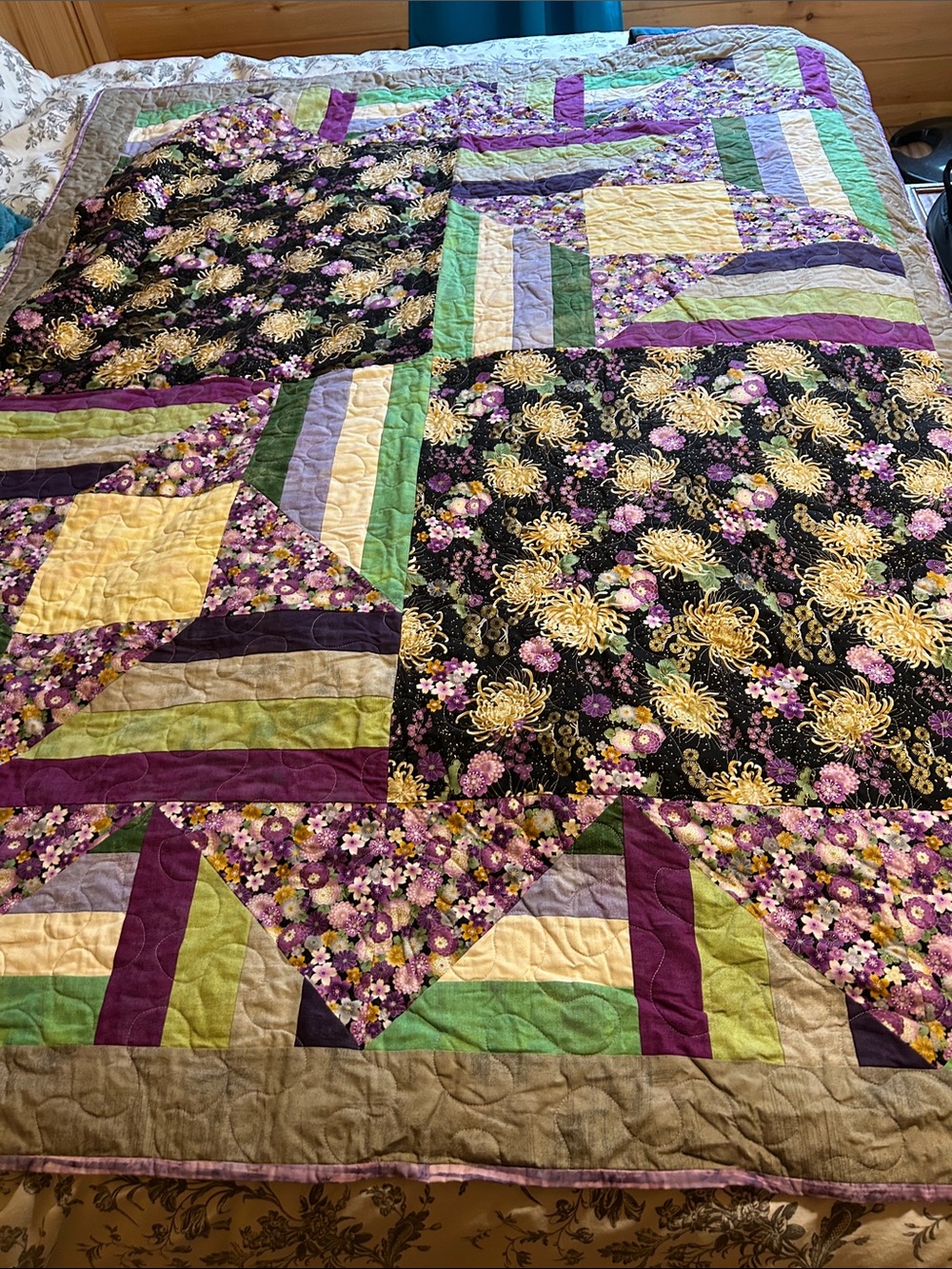 Homemade Floral Patchwork Quilt in Purple, Black & Green